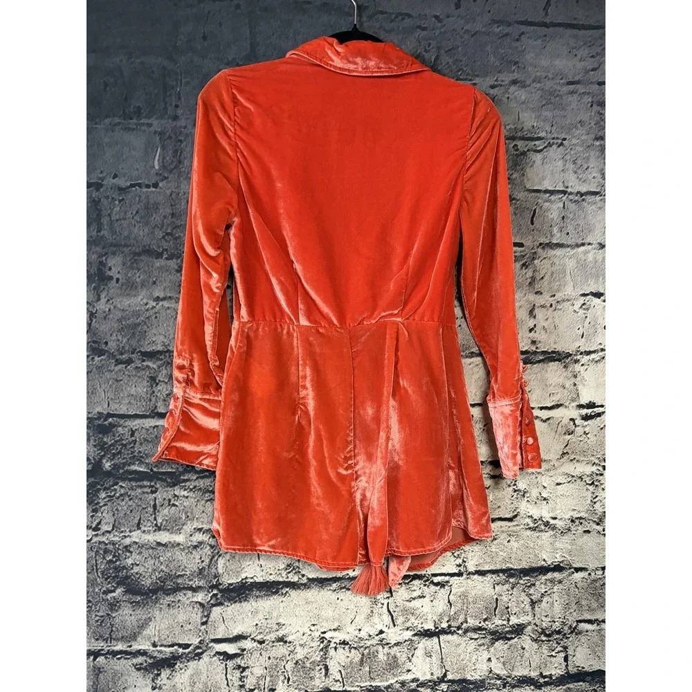 Free People Romper Womens XS Orange Velvet Wrap Long Sleeve Tassel Belted